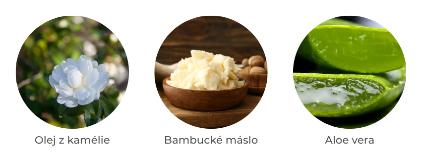 Klíčové aktivní složky – bambucké máslo, kamélie, aloe, glycerin